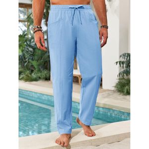 2025 pantalones informales con cordón de cintura elástica para hombre, pantalones de playa ligeros de verano antiarrugas de algodón y lino de talla XL - Product Image 2