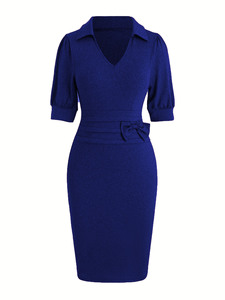 Abito <span class=keywords><strong>in</strong></span> Maglia Elegante da Donna con Colletto Rovesciato, <span class=keywords><strong>Vestito</strong></span> Aderente con Fiocco e Maniche Corte, Produzione OEM ODM Personalizzata - Product Image 5