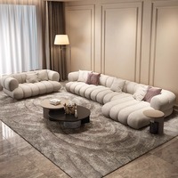 Canapé modulaire une place, design droit et d'angle, color block, effet nuage, en tissu bouclé, gris anthracite et crème, ensemble bas