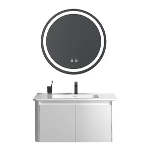 Armario de baño de aluminio, conjunto de lavabo de cerámica de pizarra, sin costuras, color blanco