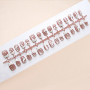 30 faux ongles carrés courts blancs style French, effet œil de chat, avec nœuds 3D, lignes French blanc laiteux, pour nail art, à presser, détachables - Product Image 1