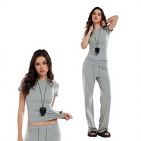Ensemble 2 pièces d'été pour femme, style américain, col rond, manches courtes, viscose élasthanne, haut super extensible moulant, pantalon droit et large