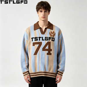 Pull en tricot rayé OEM/ODM, col polo brodé, style universitaire rétro, coupe oversize, tricot lourd, vente en gros - Product Image 2