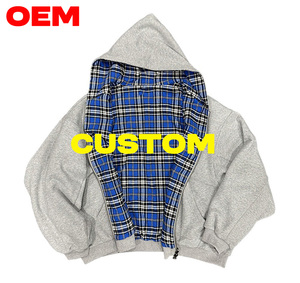 Sweat-shirts et sweats à capuche décontractés pour hommes OEM Streetwear 550GSM en molleton 100% coton avec patchs à carreaux, logo personnalisé et fermeture éclair intégrale <span class=keywords><strong>double</strong></span>. - Product Image 3