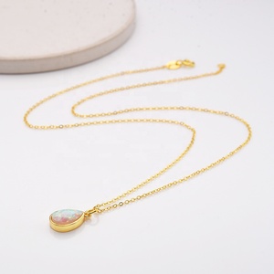 925 Sterling Silver Women Gold Plated White Synthetic <strong>Opal</strong> Water Drop <strong>Necklace</strong> - Product Image 2