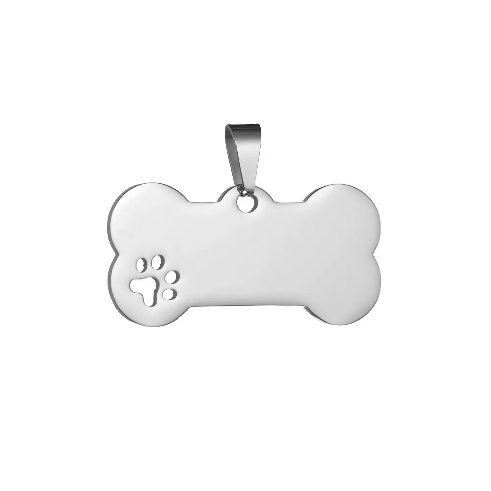 Logotipo personalizado em branco com gravação por sublimação em aço inoxidável, osso de metal, etiqueta para animais de estimação, nome, identificação e código Qr para cães