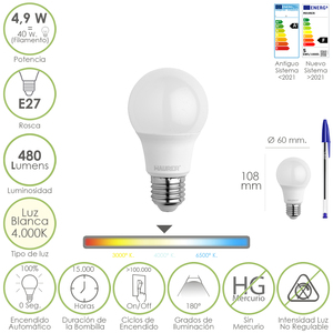 Lampadina LED standard, attacco a vite E27. 4,9 Watt. Equivalente a 40 Watt. 480 Lumen. Bianco Freddo (4000K). - Product Image 1