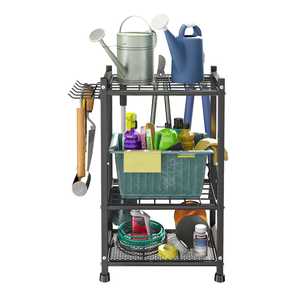 Support de rangement vertical à 3 niveaux en métal pour outils de jardin, garage et entrepôt, avec étagères et crochets - Product Image 1