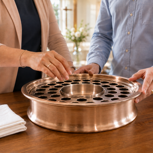 Plateau de service de communion en acier inoxydable finition cuivre, assiette de bénédiction ronde avec bol central pour usage religieux - Product Image 4