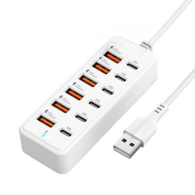 12-Port USB Charging Station | 6 USB-C + 6 USB-A | 66W Total Output | Charge 12 Devices at Once | White, 100cm Cable