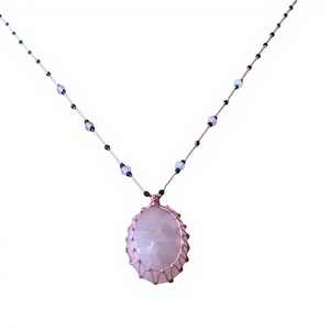 Rose <b>Gold</b> Plated <b>Beaded</b> Necklace with Natural Rose Quartz Pendant Bohemian Style Everyday Wear Unisex Gift Jewelry IGI Certified - Product Image 1