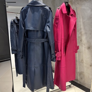 معاطف طويلة من الجلد للسيدات عالية الجودة للربيع ، معطف خندق جلدي أنيق للنساء مع حزام جاكيت جلد كحلي - Product Image 2