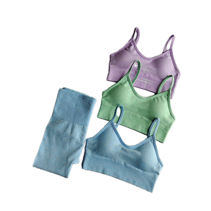Ensembles de yoga pour femmes 2 pièces couleur unie soutien-gorge et short taille haute bretelles spaghetti sans couture respirant séchage rapide Spandex/Polyester - Product Image 1