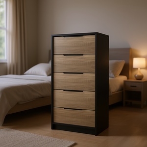 Comò Cannon a 5 cassetti in Wengue Nero e Rovere Chiaro, Arredamento Moderno per Camera da Letto - Product Image 2