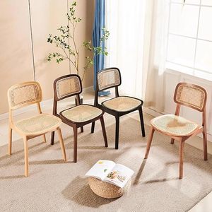 Juego de 2 sillas de comedor de ratán, sillas de cocina de madera con respaldo de caña, marco de madera de caucho, sillas laterales tapizadas de lino para comedor - Product Image 5