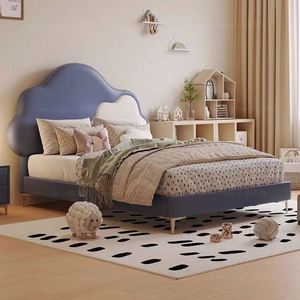 Girls Modern Cloud <b>Bed</b> Full Size Solid Wood Cotton Upholstered Comfortable Soft Frame Cute Cartoon Bedroom - Product Image 3