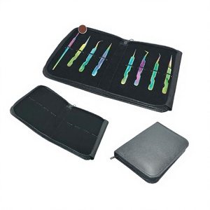 Pince à épiler en cxzd pour faux-cils, dispositif de sécurité à fermeture éclair, étui élastique, de couleur noire, pour extensions, nom privé, avec étui - Product Image 1