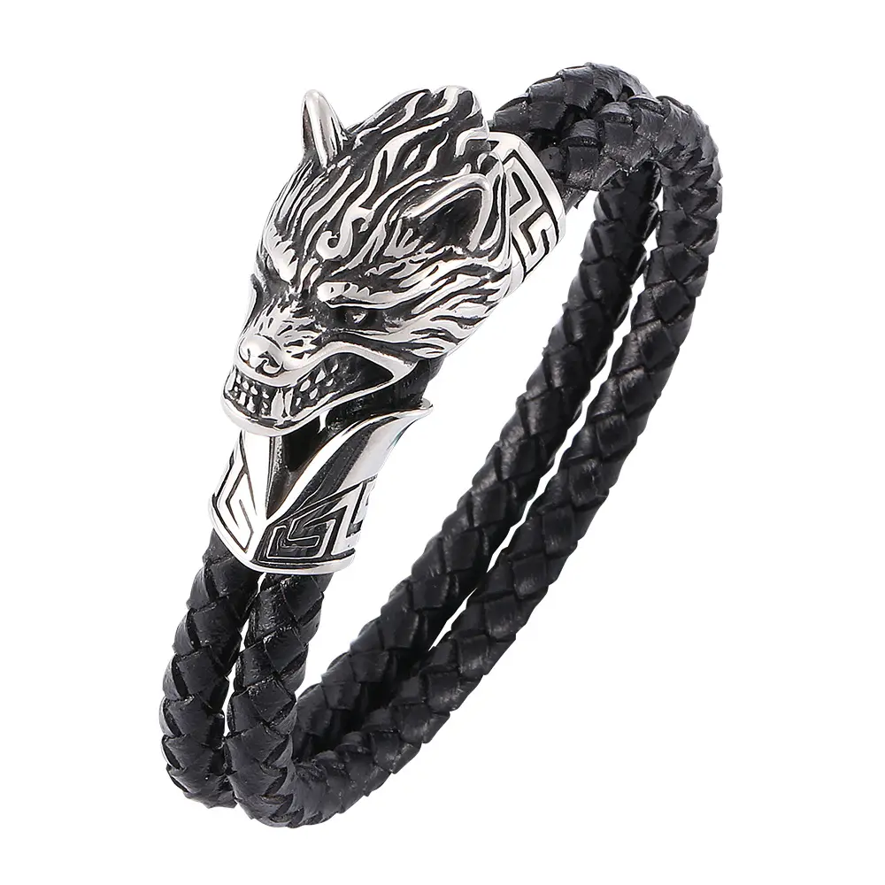 Pulsera De Piel De Lobo Para Hombre,สร้อยข้อมือหนังแท้ทอหมาป่าดุร้ายสร้อยข้อมือสแตนเลสสงครามหมาป่าแฟชั่น