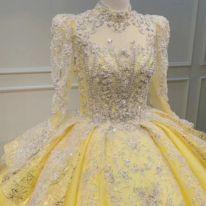ชุดแต่งงานทรงบอลกาวน์สีเหลืองหรูหรา ผ้าซีทรูหลายชั้น พร้อมชายกระโปรงยาว ไซส์พลัส รุ่น Wn029 - Product Image 1
