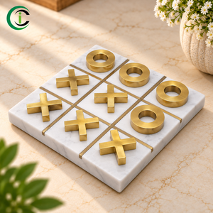 Marble Tic Tac Toe <b>Board</b> <b>Game</b> 6 Inches with White Base and Brass X O Playing Coins Premium Decorative Coffee Table <b>Game</b> Home - Product Image 3