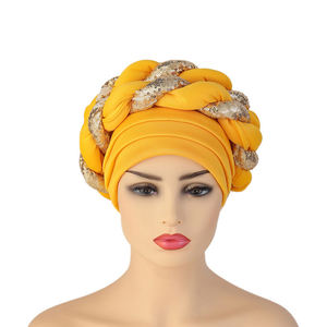 Venta caliente azul cielo mujeres Sego Gele Headtie African Head Wraps elegante Aso Oke Headtie lentejuelas listas para usar turbantes nigerianos - Product Image 2