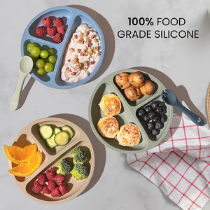 Silicone sans BPA de qualité alimentaire pour tout-petits enfants Vaisselle d'entraînement Plaques d'aspiration divisées Ensemble d'alimentation - Product Image 5
