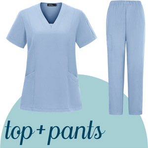 Women's Scrub Set Short Sleeve V Neck Top And Pants Moisture Wicking Medical Uniforms For Hospital Workwear Split Design - Product Image 4