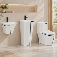 Ensemble WC moderne en céramique grise, cuvette sur colonne à double chasse, structure monobloc, pour salle de bain