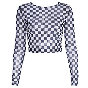 Camisa a cuadros en blanco y negro, cuello redondo, camiseta de malla de gasa a cuadros, camiseta Sexy ajustada de manga larga para mujer - Product Image 5