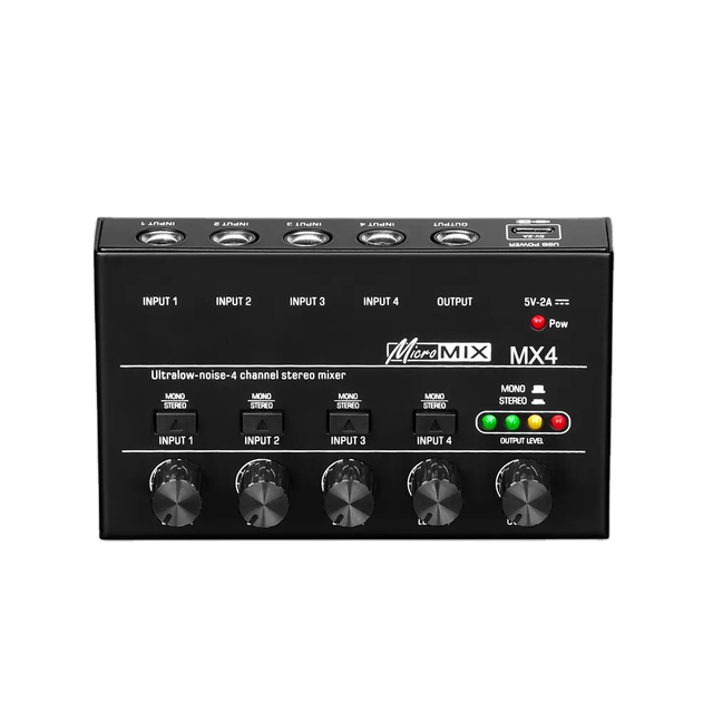 MX4 Portable Mini Metal Plastic Audio Mixer Ultra Low Noise 4-Channel Line Stereo Microphone Guitar Built-In Effects USB/XLR