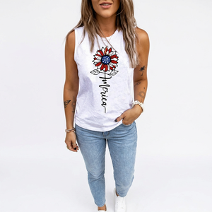 <b>Women</b> <b>White</b> Sunflower Flag Print Tank <b>Top</b> O-Neck Sleeveless Knitted Casual Summer <b>Vest</b> Front Logo Floral Pattern - Product Image 5