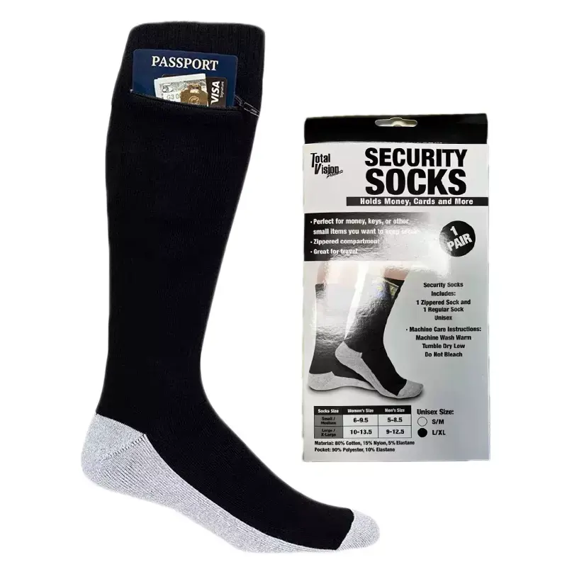Security Pocket zippered socks Passport Travel compartment crew sport men hidden pocket socks with box packaging
