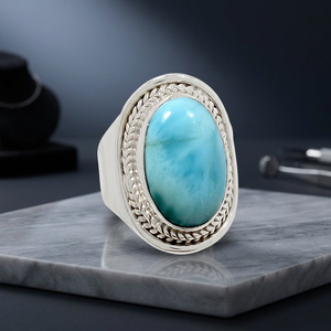 925 <b>Solid</b> Sterling <b>Silver</b> Natural Larimar Gemstone Cute Bezel Setting Blue Handmade Rings Fine Jewelry - Product Image 3