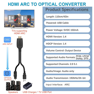 Câble convertisseur audio numérique <span class=keywords><strong>HDMI</strong></span> ARC vers <span class=keywords><strong>optique</strong></span> Toslink avec indicateur lumineux d'alimentation, <span class=keywords><strong>extracteur</strong></span> audio ARC alimenté par USB pour TV - Product Image 3