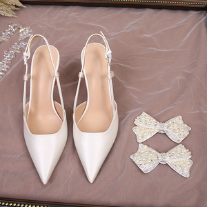 Detachable Wedding Shoes Zapatos Mujer Saltos Bow Lace up Strappy Ankle Pearl <b>Strap</b> <b>White</b> Wedding <b>Heels</b> for Bride - Product Image 4
