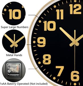 <span class=keywords><strong>Orologio</strong></span> da <span class=keywords><strong>Parete</strong></span> Analogico Moderno Silenzioso Senza Ticchettio con Display <span class=keywords><strong>a</strong></span> Lancette Nero Oro Numeri Grandi Facili da Leggere Certificato CE RoHS - Product Image 4