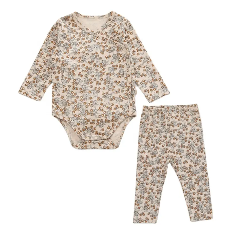 Floral Prints Long Sleeves OEM Design Cotton Baby Girls 2 Pieces Clothes Set Infant Romper Bodysuit and Leggings Sets
