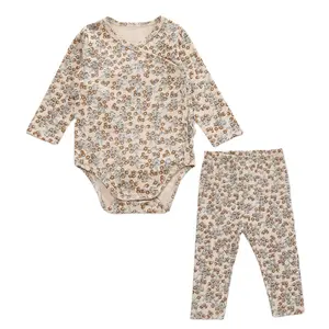 In hoa dài tay áo OEM thiết kế cotton bé gái 2 miếng quần áo đặt trẻ sơ sinh Romper bodysuit và xà cạp Bộ