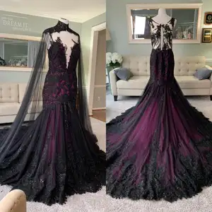 17005 # elegante vestido de novia negro y morado con capa nupcial ilusión espalda cola de pez gótico sirena vestido Formal vestido de novia
