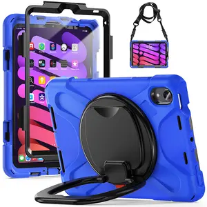 For IPad Mini 6 2021 Thick Silicone Shockproof Heavy Duty Rugged Rotating Kickstand Shoulder Strap Kids Tablet Case Cover