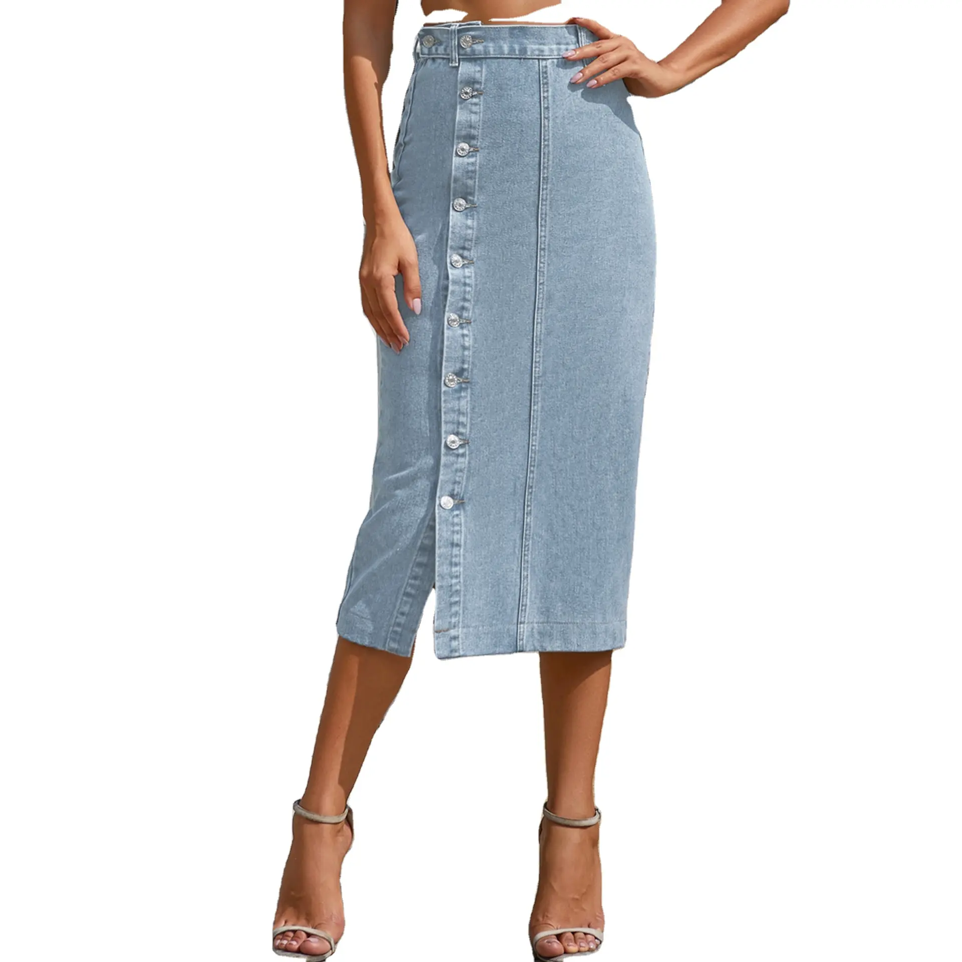women's summer asymmetrical denim girls midi slit skirt button ladies jeans long pencil wrap skirt for women casual