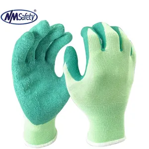 NMSAFETY 13规绿色内衬涂层绿色乳胶在棕榈保护钓鱼手套EN388 2016
