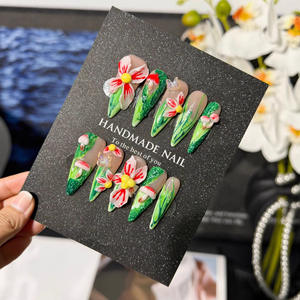 Набор накладных ногтей TSZS 3D с резным цветочным узором, 10 шт., индивидуальный дизайн, длинные, ореховой формы, ручной работы, для весенне-летнего сезона - Product Image 1