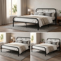 Lit plateforme en métal à coins arrondis, cadre de lit noir silencieux avec tête de lit en arc et rangement sous le lit pour chambre à coucher, hôtel, dortoirs