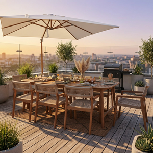 Outdoor Teak Minimalist Garden Dining Table <b>Set</b> with Woven Chairs Umbrella 4 Seater Solid Wood Furniture for Courtyard & Villa - Product Image 3