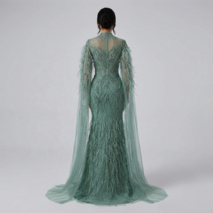 Gaun Malam Mewah Serene Hill LA71885C Turquoise Model Duyung 2026 Kerah Tinggi Berhias Manik-Manik Berat dengan Lengan Cape Berbulu untuk Acara Formal - Product Image 3