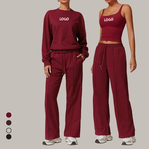 Vendita calda da donna Set da palestra per il Fitness in tinta unita reggiseno sportivo in tinta unita pantaloni sportivi da tuta a manica lunga canottiera Yoga gilet con coulisse 2 pezzi - Product Image 1