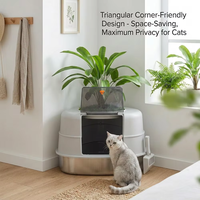 Bac à litière pour chat décoratif dissimulé dans un coin, en acier inoxydable, design fermé et couvert, couvercle avec plante artificielle, facile à nettoyer pour les chats de grande taille