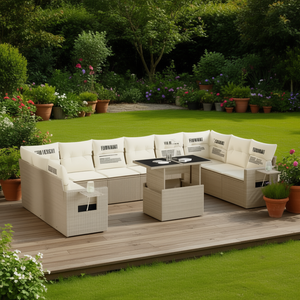 Beige <b>Rattan</b> Garden <b>Sofa</b> Set With Cushions 6 Seater Outdoor Furniture Contemporary Design - Product Image 2