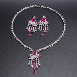 Ensemble collier et boucles d'oreilles papillon en zircon rose de luxe pour femmes, bijoux élégants en cristal pour mariage, soirée, robe de soirée - Product Image 5